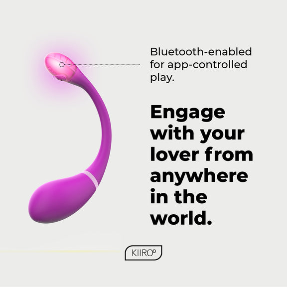 Feature forward image showcases the OhMiBod Esca 2 with text near it. Image reads "Engage with your lover from anywhere in the world. Bluetooth-enabled for app-controlled play. KIIROO" | Kinkly Shop