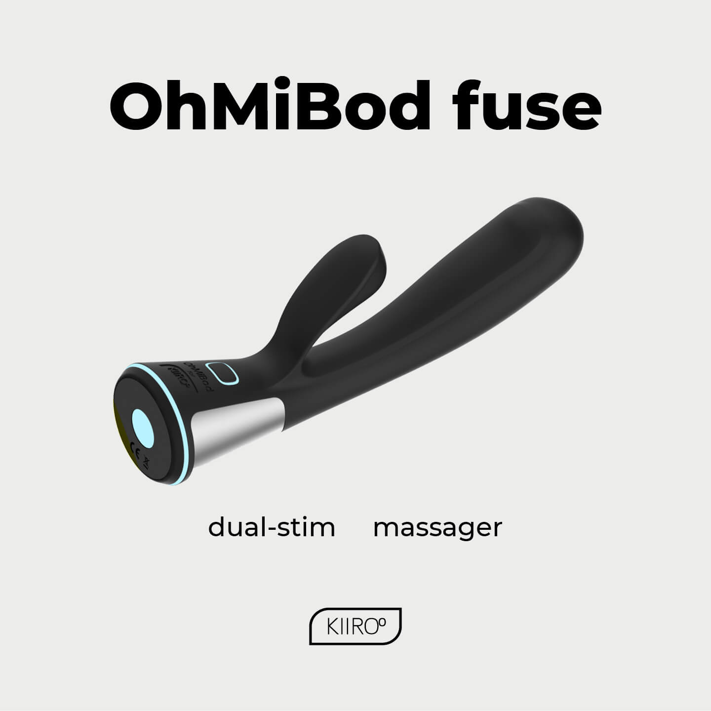 The OhMiBod Fuse with text around. Text reads: "OhMiBod Fuse. Dual-stim massager" | Kinkly Shop