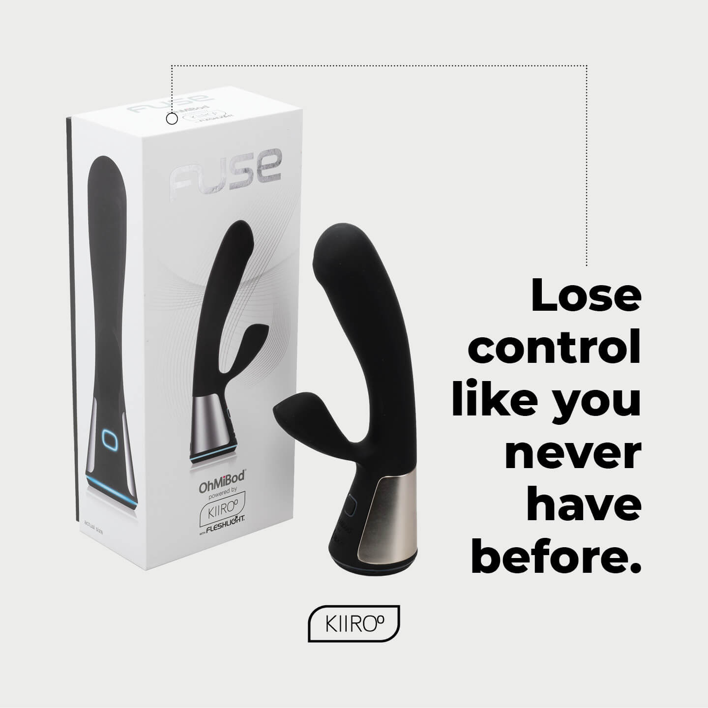 Image of the OhMiBod Fuse in front of a plain background. Text on the image reads: "Lose control like you never have before." | Kinkly Shop