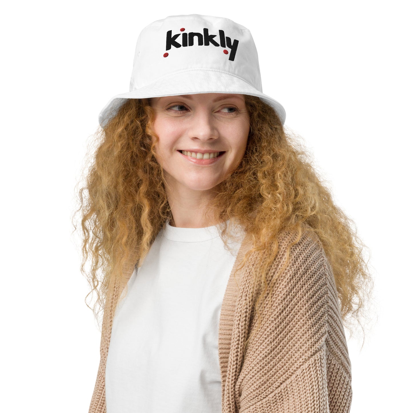 A person wears the Kinkly Organic Bucket Hat | Kinkly Shop