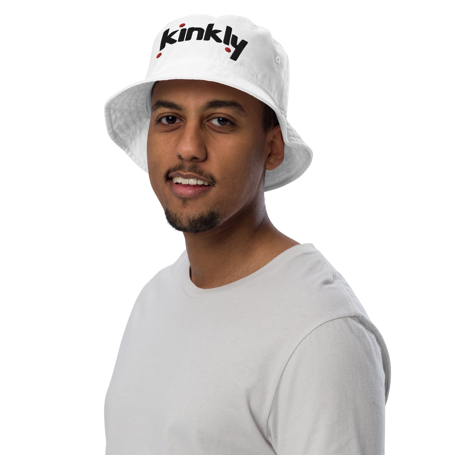 A person wears the Kinkly Organic Bucket Hat | Kinkly Shop