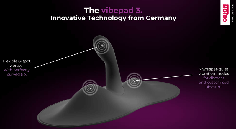 Promotional image from Orion showcases the design of the Orion VibePad 3 and where the three motors are placed. Text on the image reads: "The Vibepad 3. Innovative technology from Germany. Flexible G-Spot Vibrator with perfectly curved tip. 7 whisper-quiet vibration modes for discreet and customized pleasure." | Kinkly Shop