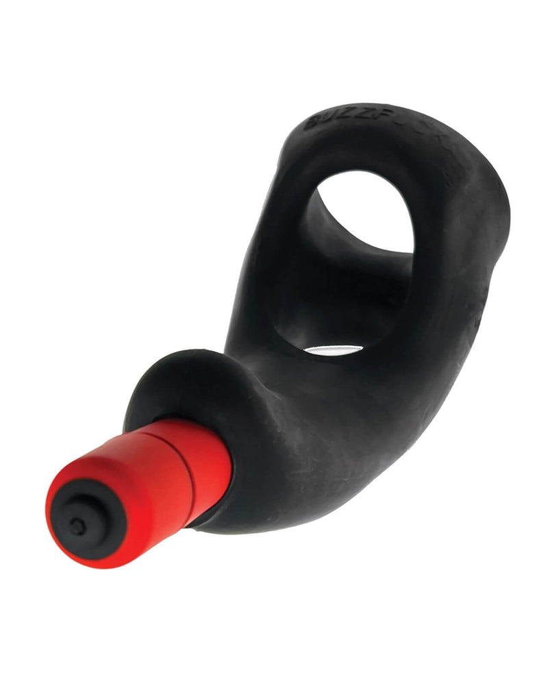 The Oxballs Buzzfuck Taint Vibrator in Tar Ice. It is a black, stretchy cock ring with a color-contrasting fire engine red bullet vibrator to slide inside the ring. | Kinkly Shop