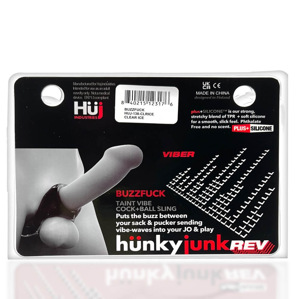 Backside of the Oxballs Buzzfuck Taint Vibrator packaging showcases how the cock ring is worn. It is shown on an illustrated penis. A loop wraps around the base of the shaft and a second loop wraps around the base of the testicles. The vibrator attached to the cock ring slips underneath the body, between the thighs, to offer taint pleasure while wearing the ring. | Kinkly Shop