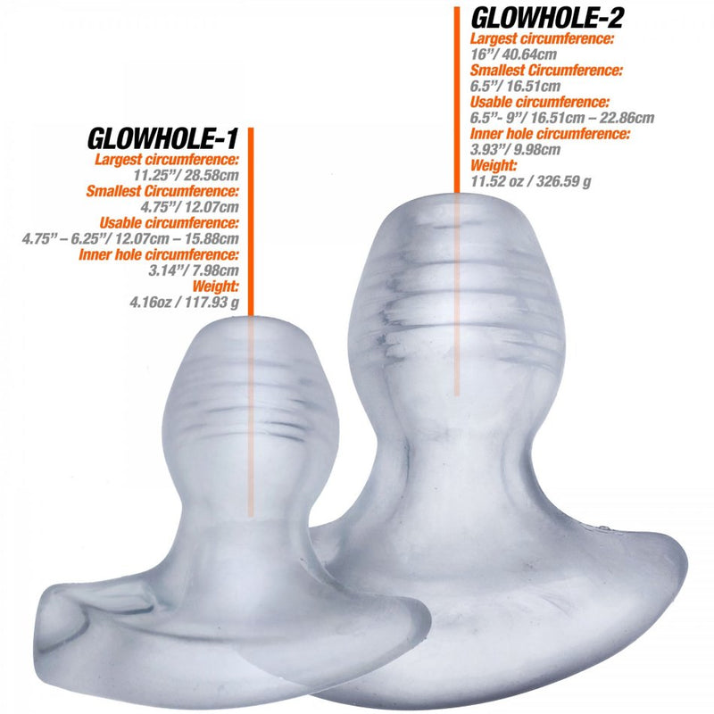 All of the measurements for the Glowhole Medium and Glowhole Large plugs. The two plugs are sitting next to each other. The Large looks much, much larger. The measurements are available via text in the product description. | Kinkly Shop