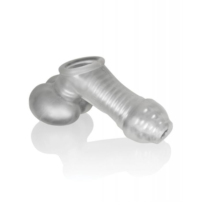 The Oxballs Sackjack up against a white background. The toy looks semi see-through, but the ribbing ridges inside the shaft and testicle portion can still be seen. There's a large hole at the base (that would go against the pelvic) and a smaller hole near the tip (which would align with the tip of the penis). | Kinkly Shop