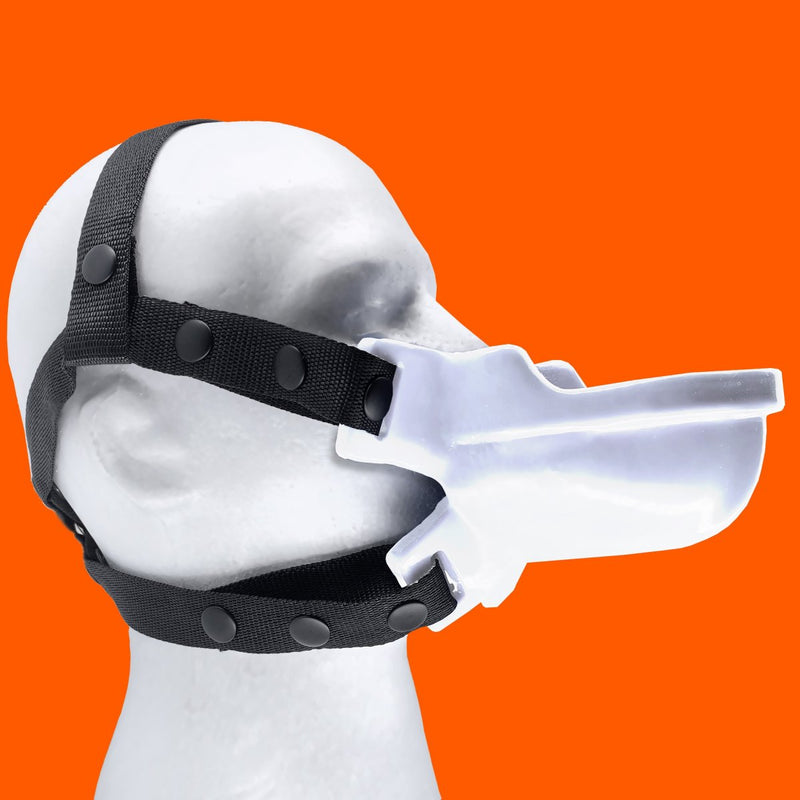 Side view of the Oxballs Watersports Gag being worn on a mannequin head. The trough of the gag sticks out really far from the face, allowing a large amount of liquid within the gag. | Kinkly Shop