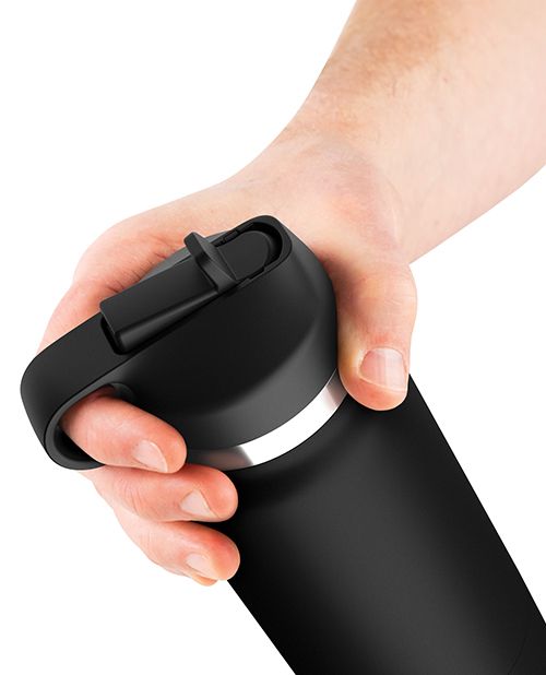 A hand grips the top of the PDX Plus Fap Flask, near the flip-top suction "drinking spout". They have threaded a finger through the finger loop, showcasing how the unique water bottle design allows for easy one-handed use. | Kinkly Shop