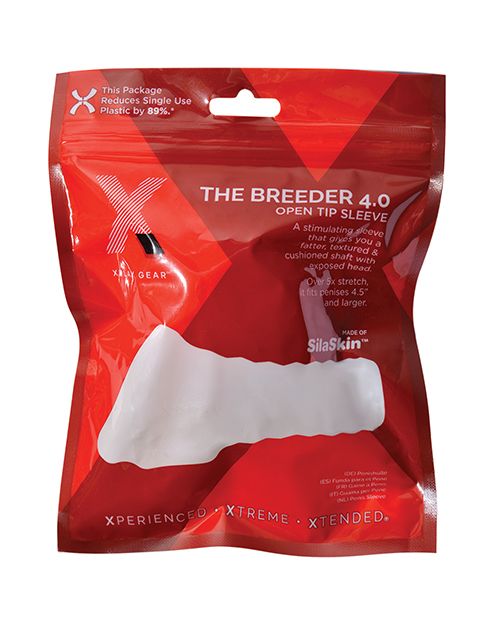 Packaging for the Perfect Fit XPlay Breeder in 4". It is a red, crinkly, plastic bag that contains the stroker inside. According to the package, it reduces single use plastic by 89% | Kinkly Shop