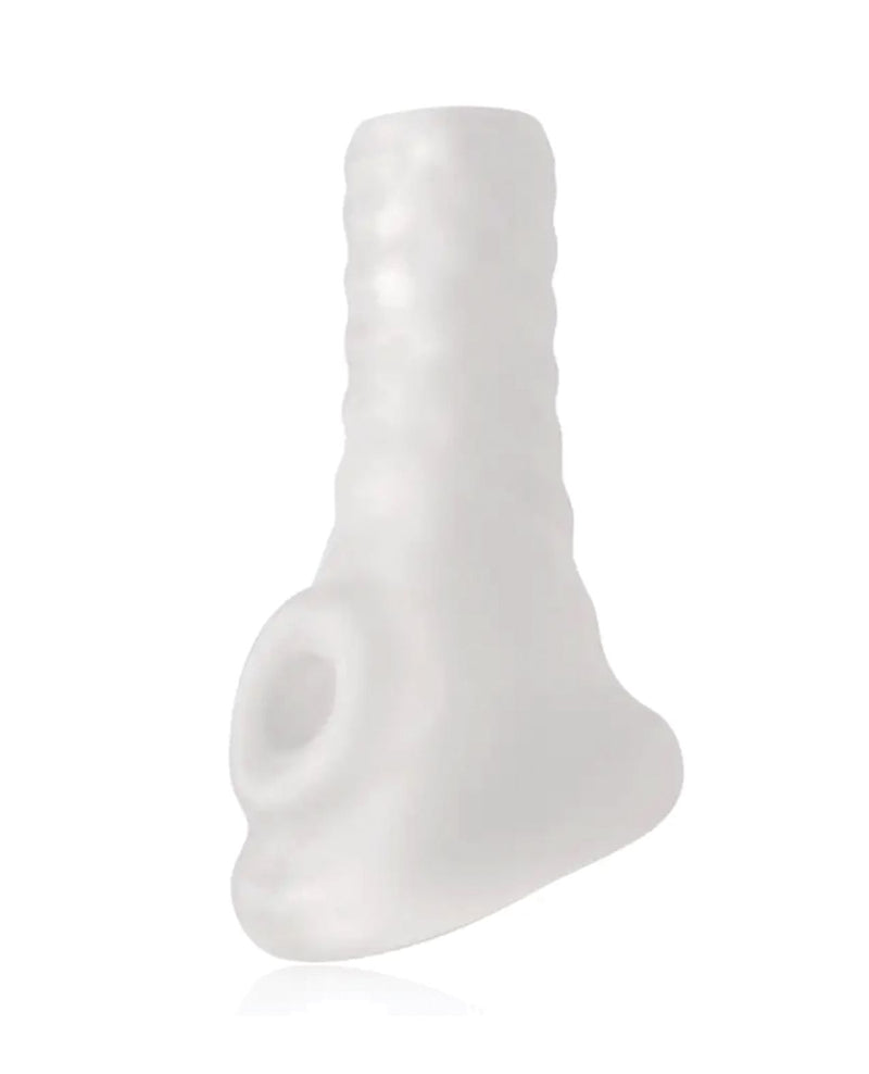 The Perfect Fit XPlay Breeder in 4" pointed up towards the ceiling. This makes the hole for the testicles easy to see along with the snug fit on the shaft. | Kinkly Shop