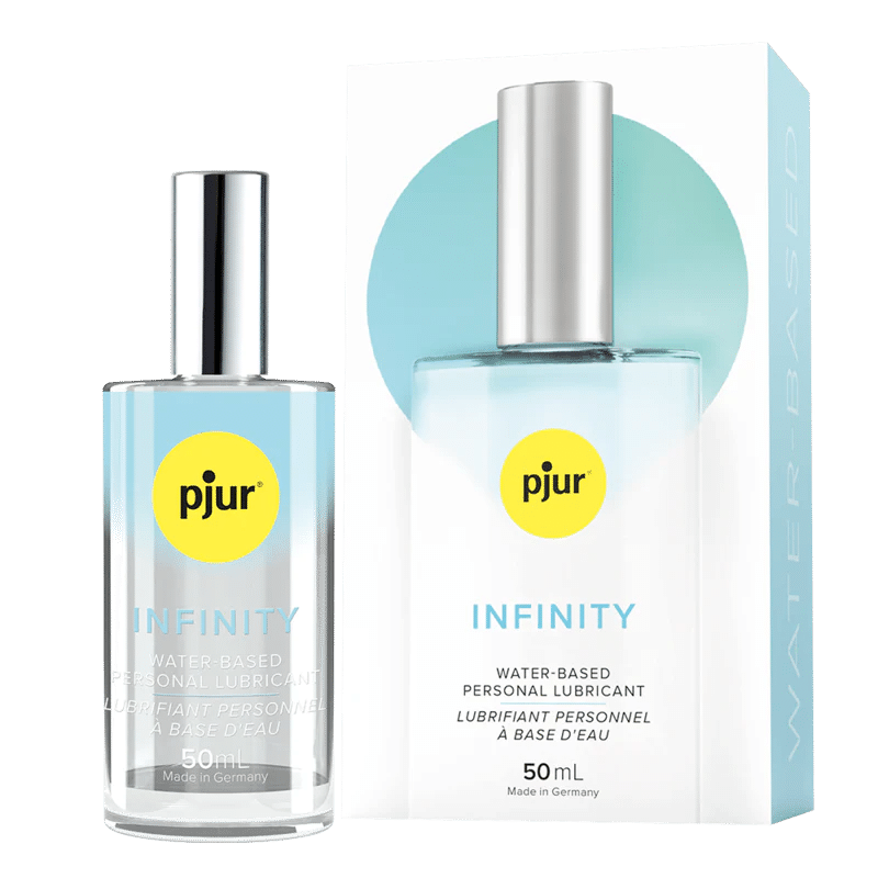 A bottle of Pjur Infinity Water sitting out next to the cardboard box that it comes packaged in. | Kinkly Shop