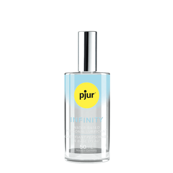 Pjur Infinity Water lube bottle in front of a transparent background. The bottle's clear design looks like it would be see-through. | Kinkly Shop