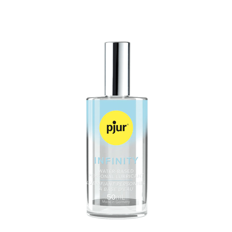 Pjur Infinity Water lube bottle in front of a transparent background. The bottle's clear design looks like it would be see-through. | Kinkly Shop