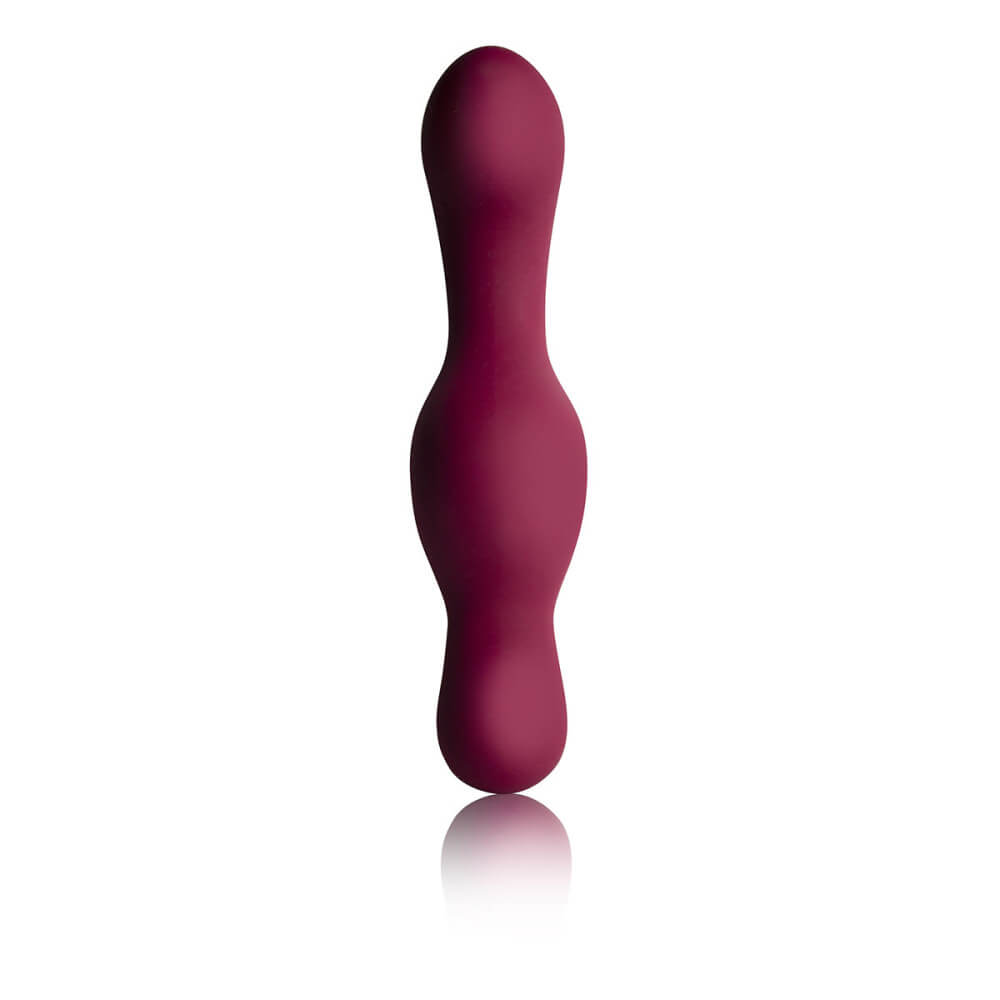 Top-down view of the Rocks-Off Ruby Glow Blush vibrator without the cradle base. The vaginal bulb in the middle is the widest section of the entire vibrator, but this section of the toy probably won't be near an insertable length for most people. | Kinkly Shop