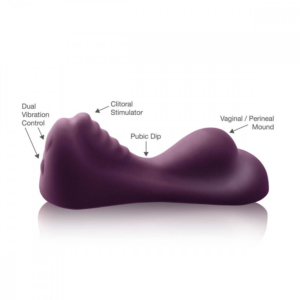 From-the-side image of the Rocks-Off Ruby Glow Dusk with the various mounds of the toy pointed out with arrows and text. The tallest point is the clitoral stimulator with a ribbed downwards curve towards the pubic dip (the lowest point). There's a wide, thick swell with the words "Vaginal/perineal mount" on it that's shorter than the clitoral stimulator area. The two buttons, on the front of the toy, are marked with "Dual vibration control". | Kinkly Shop