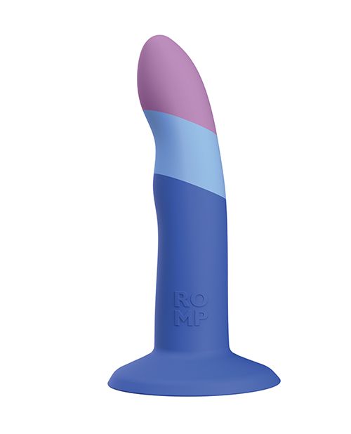 The ROMP Piccolo in front of a plain white background. It is made of three colorblocked colors in a deep blue, light blue, and muted purple. | Kinkly Shop
