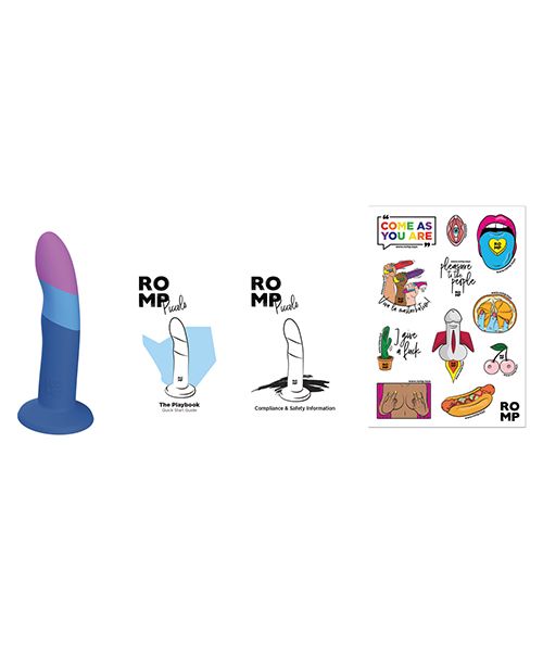 Everything included with the ROMP Piccolo including the dildo itself, the instruction manual, safety info, and a sticker sheet. | Kinkly Shop