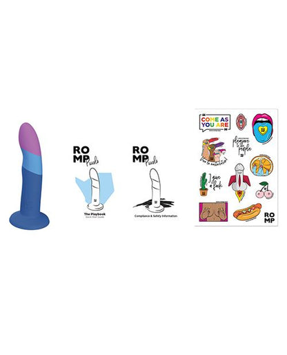 Everything included with the ROMP Piccolo including the dildo itself, the instruction manual, safety info, and a sticker sheet. | Kinkly Shop