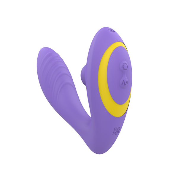 ROMP Reverb up against a white background. This angle showcases the buttons on the air suction/clitoral end of the toy. It has two raised buttons. | Kinkly Shop