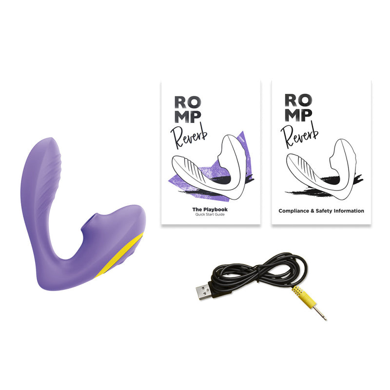 Everything that comes with the ROMP Reverb. The white background image includes the ROMP Reverb itself, the quick start guide, the compliance and safety info, and the USB charging cable. | Kinkly Shop