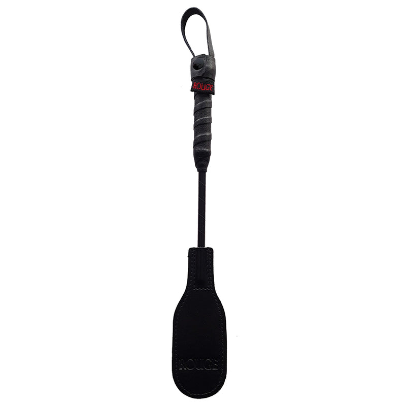Rouge Leather Mini Oval Riding Crop in black up against a plain white background | Kinkly Shop