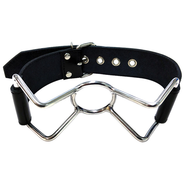 Rouge Leather Spider Gag in front of a white background. The O-ring is attached to four 90-degree angle metal "arms" that attached to a leather strap that wraps around the back of the head. | Kinkly Shop