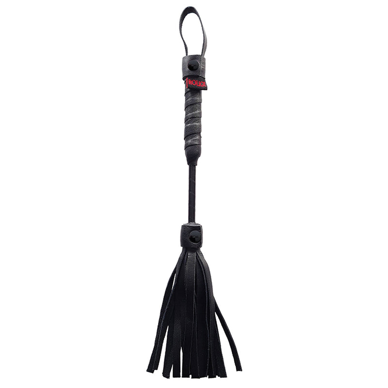 Rouge Leather Mini Flogger in black up against a plain white background | Kinkly Shop