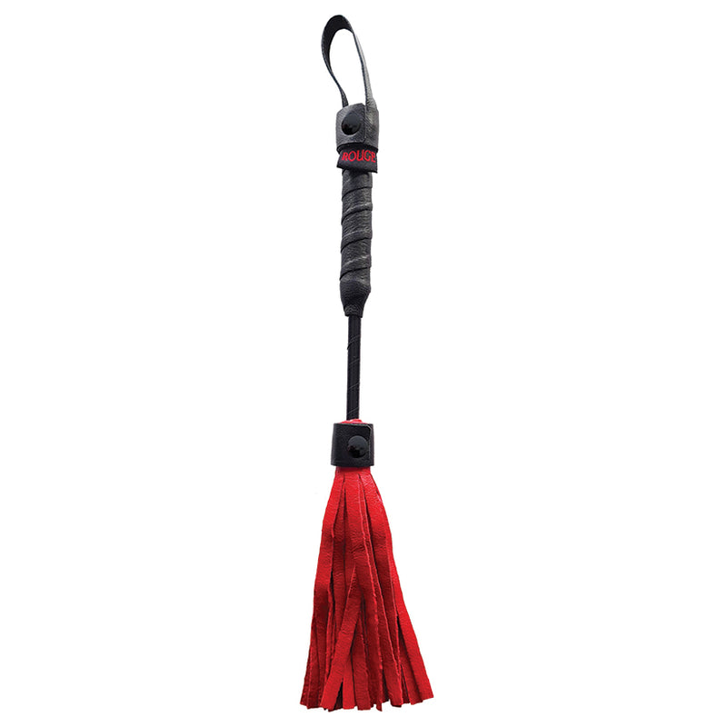 Rouge Leather Mini Flogger in red up against a plain white background | Kinkly Shop