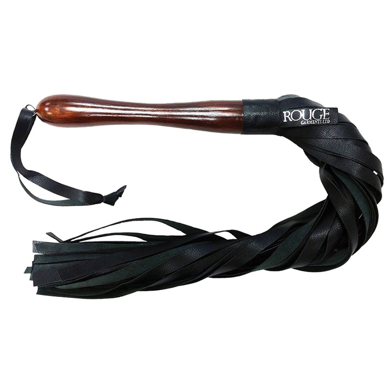 Rouge Wooden Handle Leather Flogger up against a white background. The flogger handle is a deep, dark wood color while the leather tails are a midnight black. The handle is glossy with the finish while a leather hanging loop hangs off the end of the handle. | Kinkly Shop