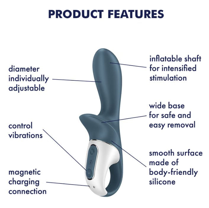 A picture of the Satisfyer Air Pump Booty 2 surrounded by text that points out the toys' various features. Text on the image includes: "diameter individually adjustable. control vibrations. magnetic charging connection. inflatable shaft for intensified stimulation. wide base for safe and easy removal. smooth surface made of body-friendly silicone." | Kinkly Shop
