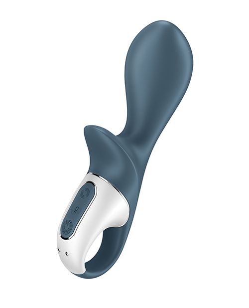 The Satisfyer Air Pump Booty 2 fully inflated. This angle really showcases the three buttons on the looped handle base of the toy. It also shows teh two magnetic charging port prongs located directly underneath the three buttons of the handle. | Kinkly Shop
