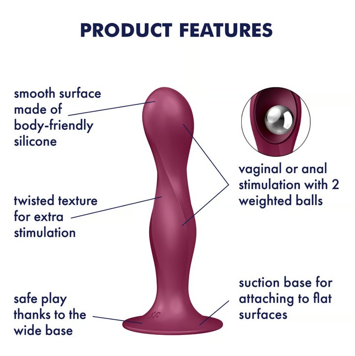 The Satisfyer Double Ball-r toy up against a plain white background with text surrounding the toy to point out the various features. The text reads: "Smooth surface made of body-friendly silicone. Twisted texture for extra stimulation. Safe play thanks to wide base. Vaginal or anal stimulation with 2 weighted balls. Suction base for attaching to flat surfaces." | Kinkly Shop