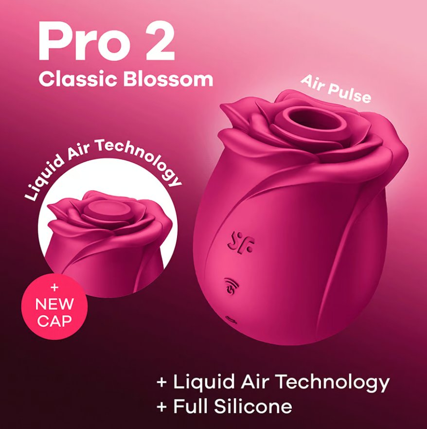 Promotional image for the Satisfyer Pro 2 Classic Blossom shows it in front of a pink background. Text on the image reads: "Pro 2 Classic Blossom. Liquid Air Technology + New Cap." | Kinkly Shop