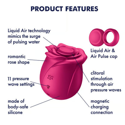 The Satisfyer Pro 2 Classic Blossom surrounded by text showcasing its features. Text on the image reads: "Liquid Air technology mimics the surge of pulsing water. Romantic rose shape. 11 pressure wave settings. Made of body-safe silicone. Liquid Air & Air Pulse cap. Clitoral stimulation through air pressure waves. Magnetic charging connection." | Kinkly Shop