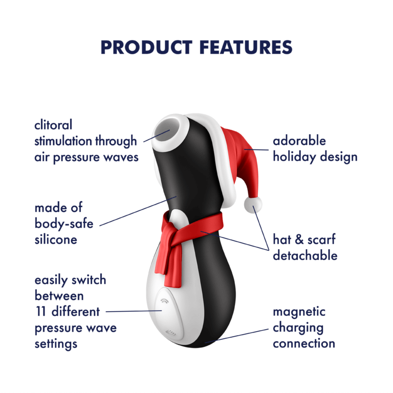 The Satifyer Pro Penguin Holiday Edition in front of a white background. There are arrows surrounding the toy pointing out the different features. Text reads: "Product Features. Clitoral stimulation through air pressure waves. Made of body-safe silicone. Switch between 11 different pressure wave settings. Adorable holiday design. Hat and Scarf detachable. Magnetic charging connection." | Kinkly Shop