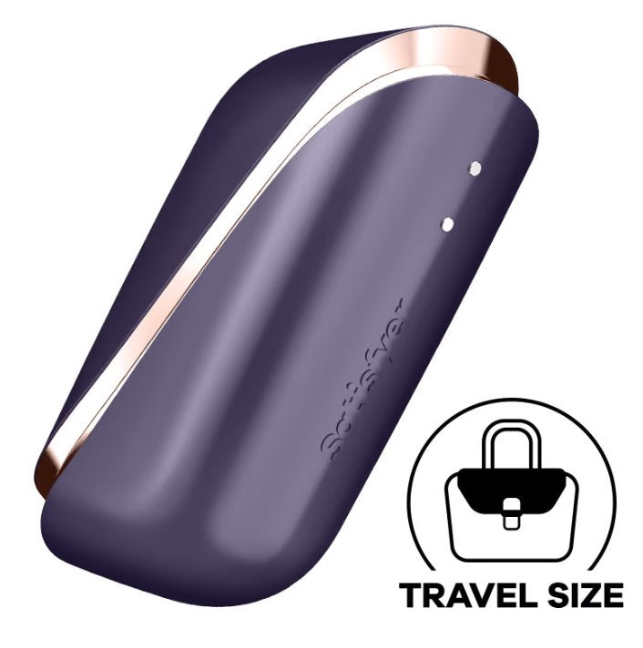 The Satisfyer Pro Traveler with the magnetic lid on and covering the air suction tip. An icon in the corner says "Travel Size". | Kinkly Shop