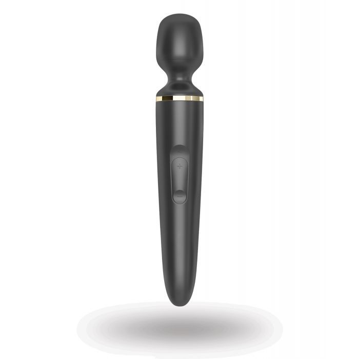 Front view of the black Satisfyer Wand-er Woman. The entirety of the head and the handle are all black except for a gold metallic ring around the base of the head. | Kinkly Shop