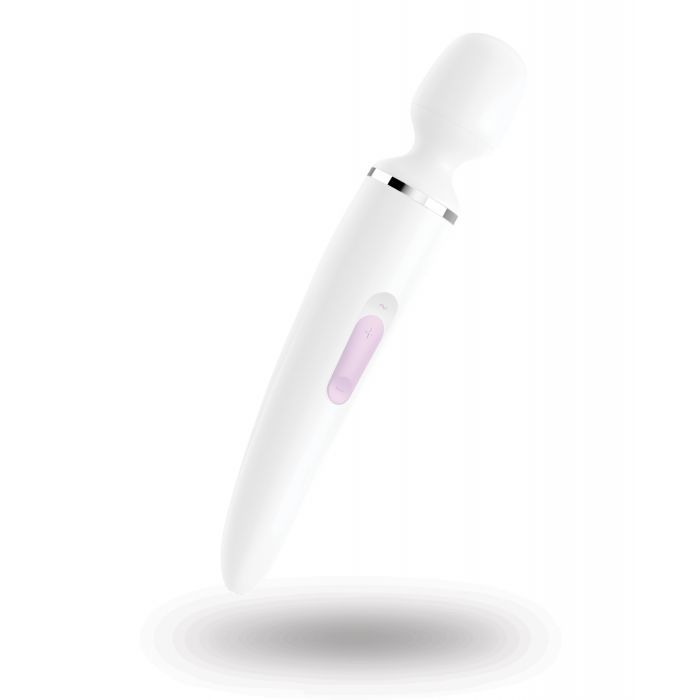 Front view of the Satisfyer Wand-er Woman at an angle. The entirety of the wand handle and the head of the massager are white. The two-button panel on the front of the massager is a light purple. | Kinkly Shop