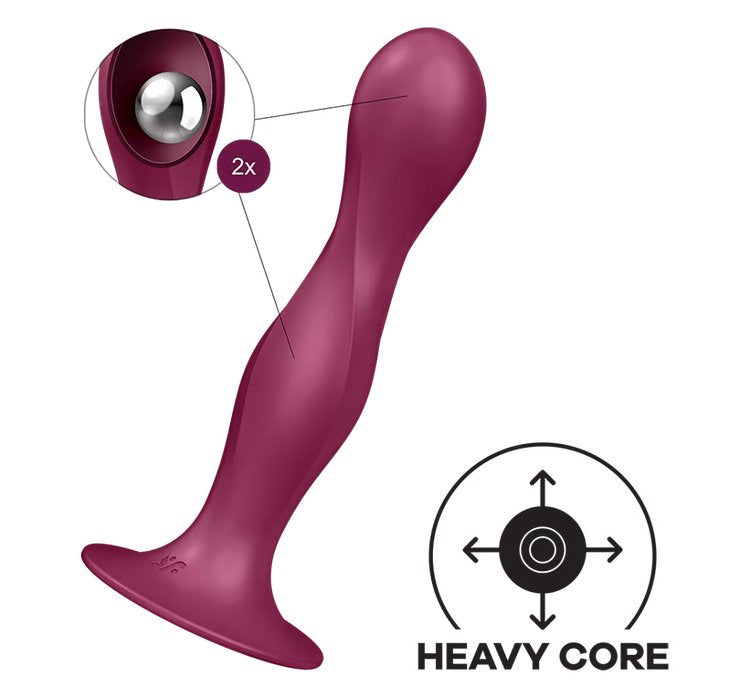The Satisfyer Double Ball-r up against a plain white background. A viewable window with arrows shows the two inner, movable, weighted balls inside of the anal dildo. An illustration on the photo says "Heavy Core". | Kinkly Shop