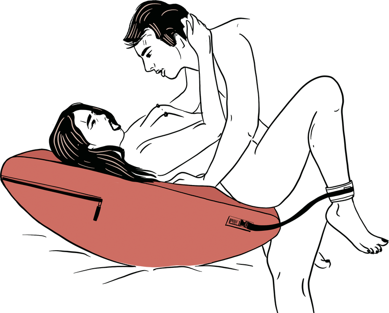 Illustration of a couple using the Liberator Scoop Rocker. The Scoop is balanced on its curved side on the edge of a bed. The receiving partner is on their back on the Scoop. The penetrating partner is standing next to the bed, holding their partner, as they use the rocking surface of the Liberator Scoop Rocker to power the thrusting movement with momentum. | Kinkly Shop