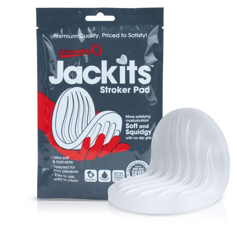 Packaging for the Screaming O Jackits Stroker Pad next to the toy itself sitting in front of the packaging. | Kinkly Shop