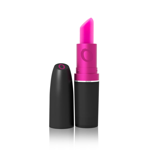 Screaming O My Secret Vibrating Lipstick up against a white background. The lid is removed, showcasing the tip that's hidden within the cap when it's on. | Kinkly Shop