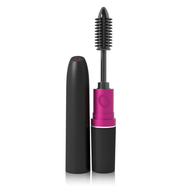 The Screaming O My Secret Vibrating Mascara sitting out next to the lid that goes to the vibrator. The lid is removed, showcasing the mascara brush that's hidden when the lid is on. | Kinkly Shop
