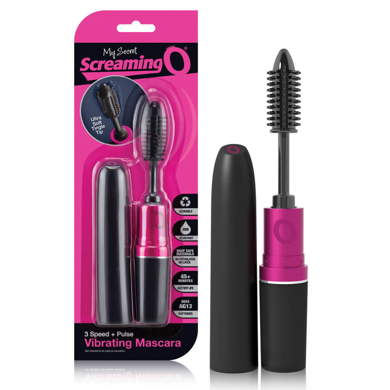 The packaging of the Screaming O My Secret Vibrating Mascara sitting out next to the Screaming O My Secret Vibrating Mascara sitting out of the packaging. | Kinkly Shop