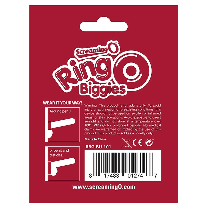 Backside of the packaging for the Screaming O RingO Biggie. There are two illustrations that showcase the two different ways to use the cock ring. One illustration shows it used around the base of the shaft of the penis and the other illustration showcases the cock ring worn underneath the testicles at the very base of the shaft. | Kinkly Shop
