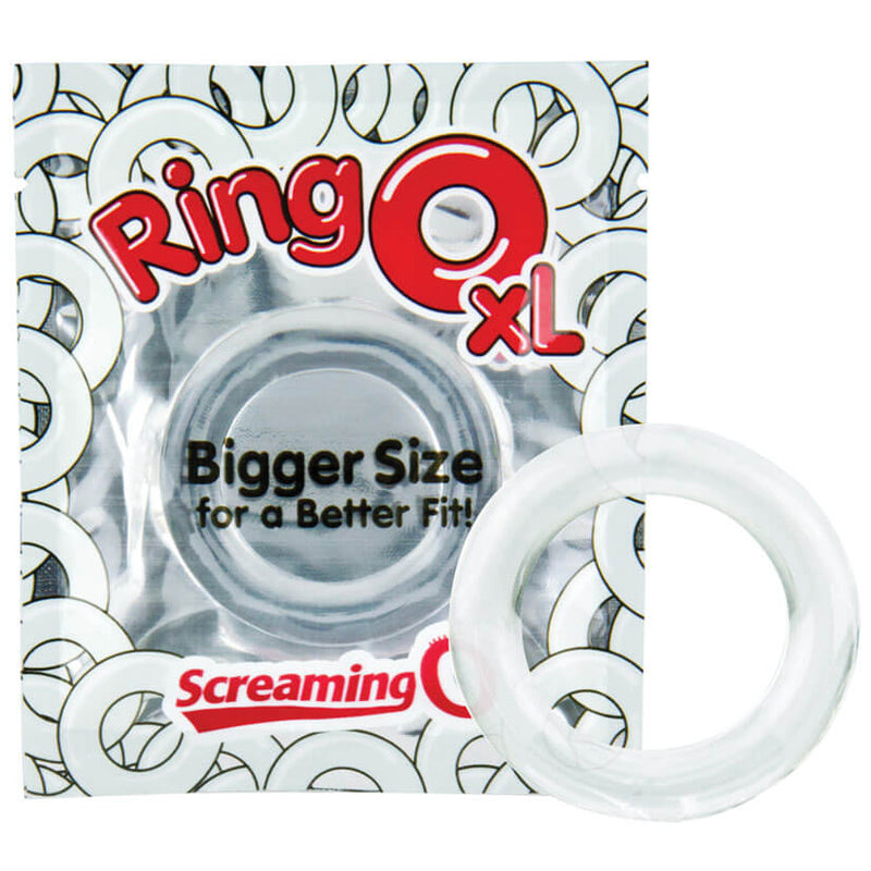 Packaging of the Screaming O RingO XL sitting next to the ring itself sitting out of the packaging. | Kinkly Shop