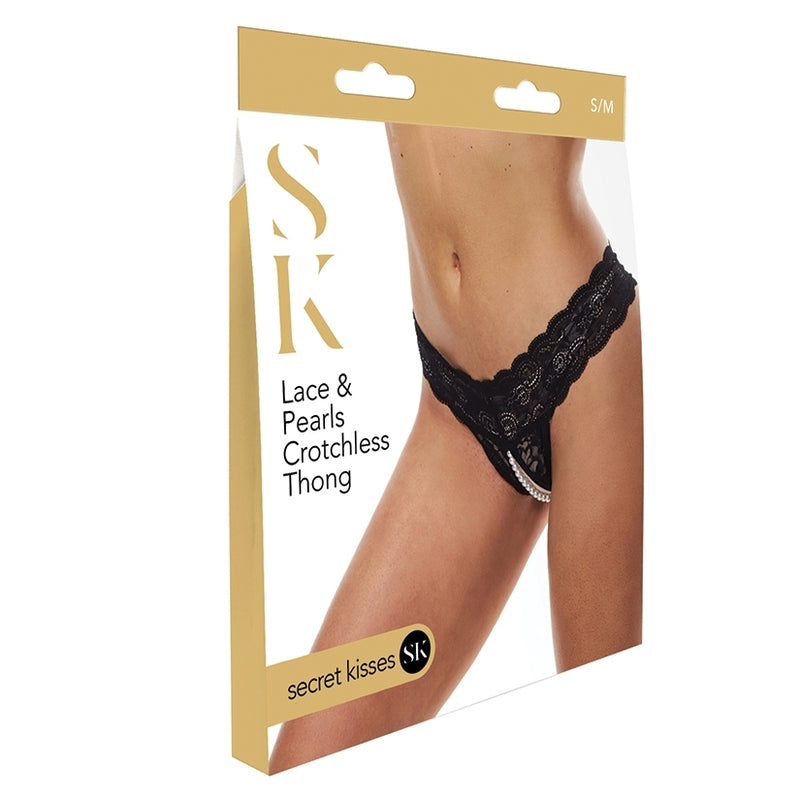 Packaging for the Secret Kisses Lace and Pearls Crotchless Panties. It is a triangular cardboard box that showcases a person wearing the undies on the front of the box. The text on the box reads "SK Lace & Pearls Crotchless Thong". | Kinkly Shop