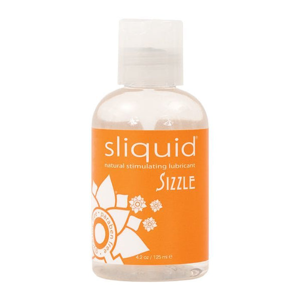 The 4.2oz bottle of Sliquid Sizzle Warming Lube in front of a plain white background. The label is bright orange. | Kinkly Shop