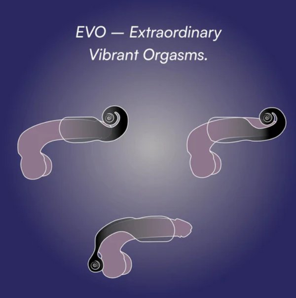 Three illustrations showcase the different ways the Snail Vibe Evo Unrolling Penis Vibrator can be used. One shows the Evo on a shaft, unrolled, one shows the Evo on a shaft while rolled up, and another shows the toy used backwards, the roll on the base of the shaft. | Kinkly Shop