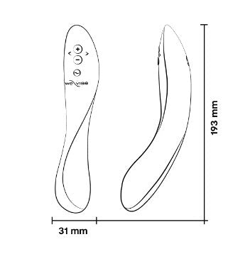 Illustrated outline of the We-Vibe Rave 2. The measurements of the toy are superimposed over the image. All of the measurements can be found within the text body of the product page. | Kinkly Shop